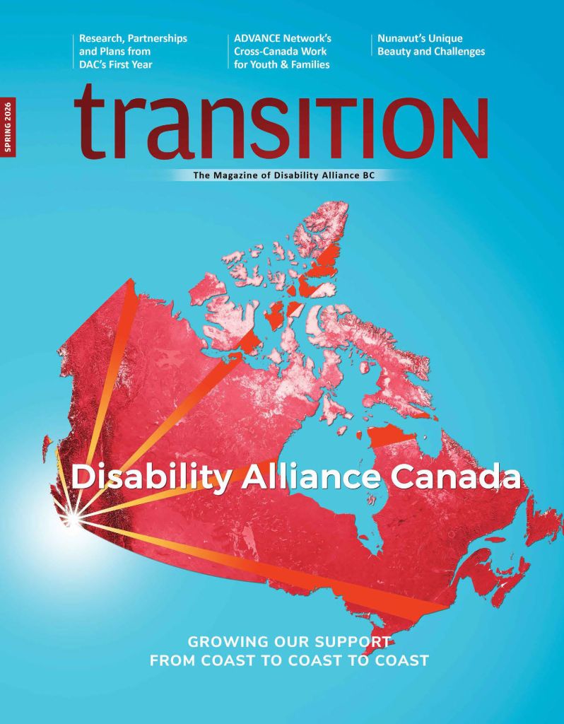 Cover for the Spring 2026 edition of Transition magazine, which features a light blue background and a red map of Canada, with light beams radiating out from BC.